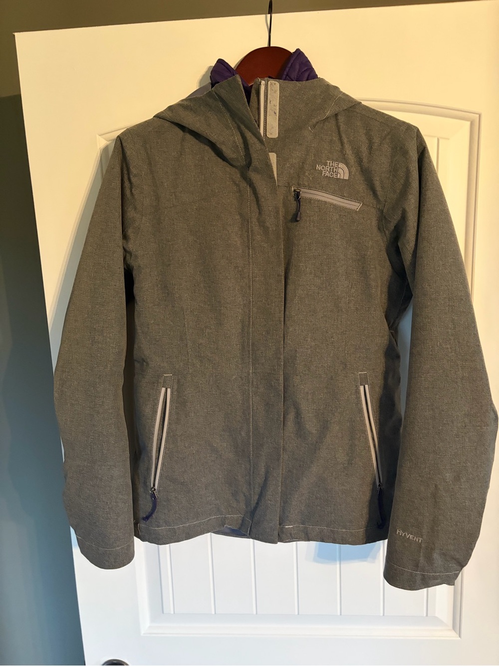 The North Face Gray Hooded Raincoat with Purple Lining